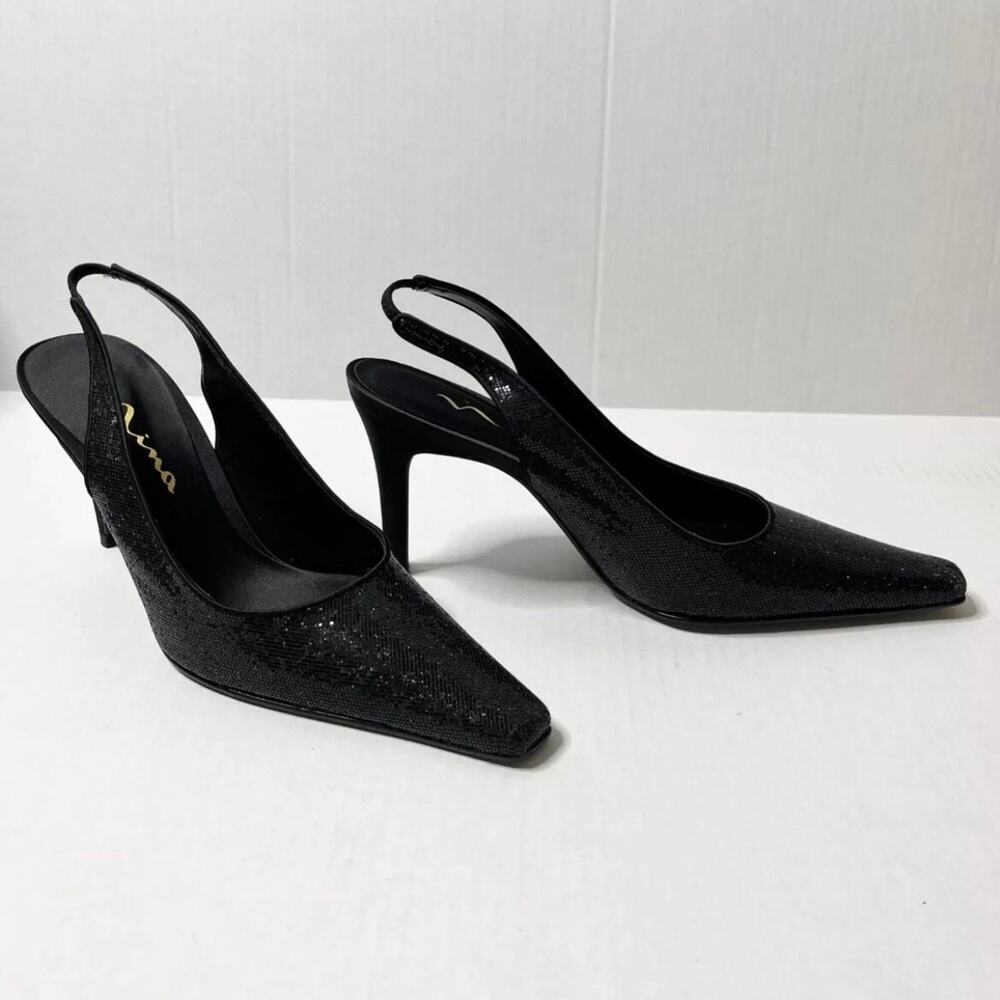 Nina Women's Taren Heels Size 8.5M Black Crystal Sling Backs Pointed Toe w/ Box - Picture 4 of 12